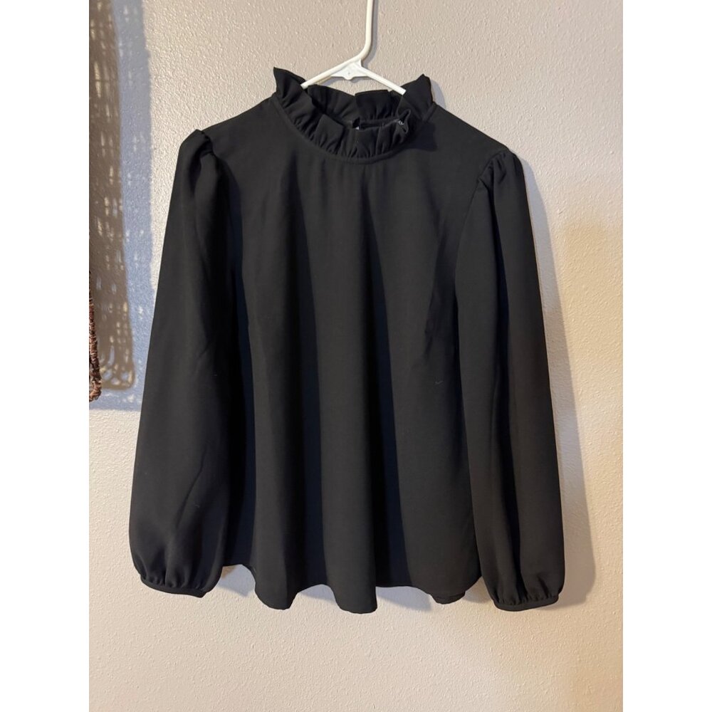 J Crew Top M Medium Black Ruffle Crew Neck Washable Long Sleeve Classic - Picture 11 of 12